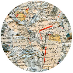 Fototapeta premium Circular Round Collage Of Handwritten Text Over Layered Newsprint And Paper Fragments