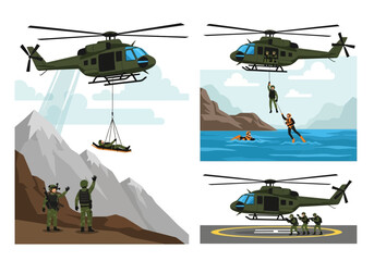 Helicopters perform rescue operations, lifting cargo and saving people from water and mountains.