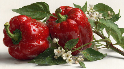 A hyper-realistic rich red bell pepper, vibrant color, glossy surface, on white