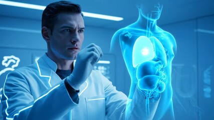 Doctor in a lab examining a 3D model of a human body's anatomy. Using a high-tech interface, it is illuminated in blue light - Powered by Adobe