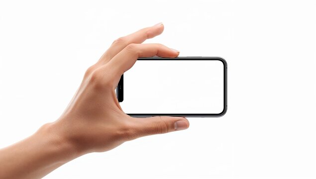 Male hand holding black smartphone in horizontal landscape mode with blank white screen isolated on white.