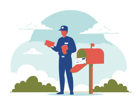 A mailman delivering letters to a red mailbox on a sunny day with green trees in the background