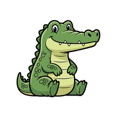 Fototapeta premium A cartoon illustration of a smiling green alligator sitting on a white background with a cheerful and playful expression.