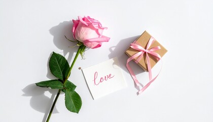 Fototapeta premium Pink rose with gift box and love card on white background
