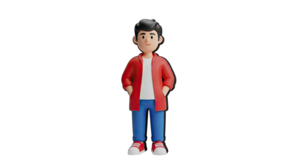 3D Cartoon Boy Character with Red Jacket and Blue Pants on transparent background