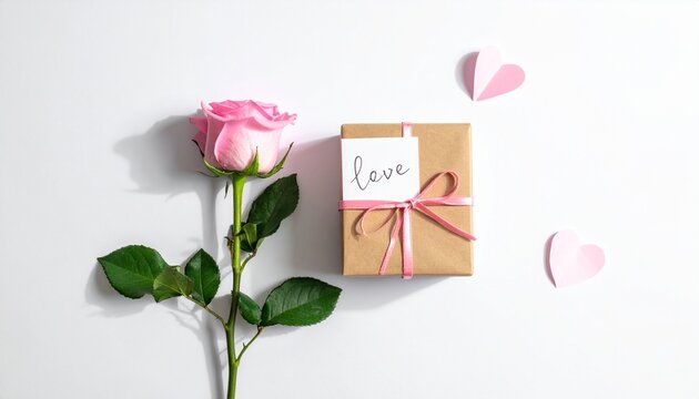 Pink rose with gift box and love note on white background