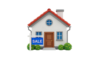 3D Cartoon House with For Sale Sign on transparent background
