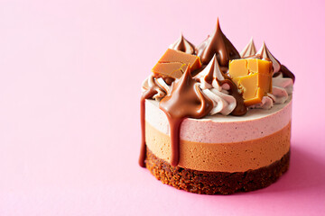 delicious chocolate mousse cake with caramel topping on pink background