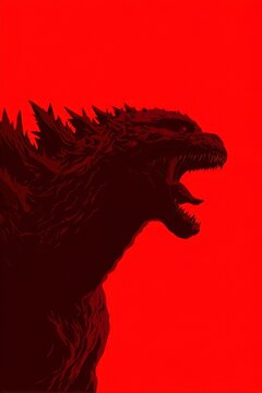 the silhouette of godzilla on a red background, close-up.