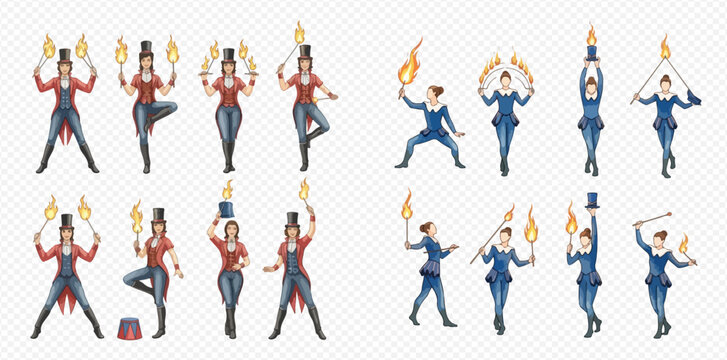 Set of circus performers juggling and balancing with fire and props, vector illustration.