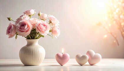 Pink roses in vase with heart shaped candles, soft light background