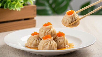 Delicious dumplings with orange topping on a white plate