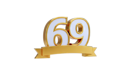 3D Golden 69 Number with Ribbon on transparent background