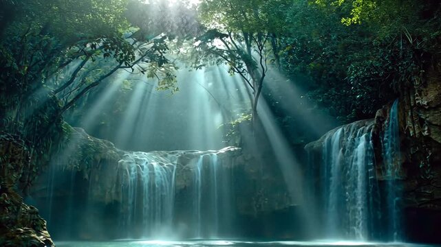 serene waterfall in forest with sunbeams