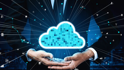 This conceptual illustration features hands holding a glowing cloud surrounded by digital connections, symbolizing technology and data transfer in business innovation. Xenic
