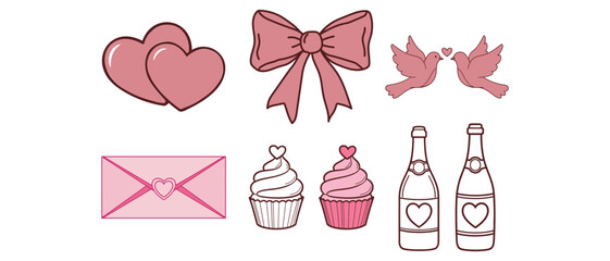 Pastel pink vector icon set: hearts, bow, birds, love envelope, cupcakes, and champagne bottles