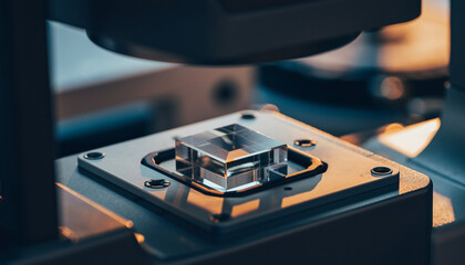 Close-up of a precision optical cube mounted on a metallic stage.