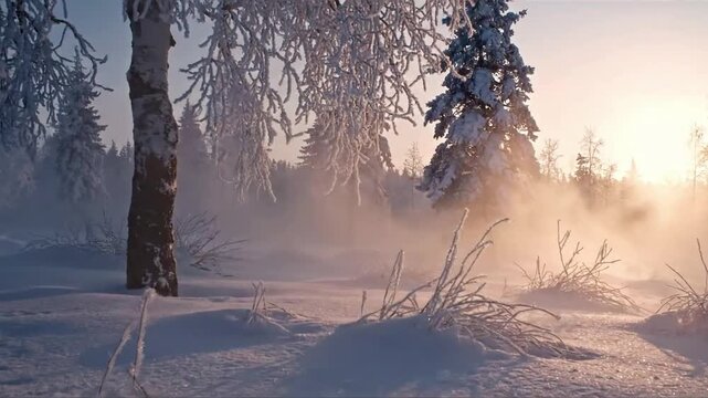 Golden Hour Haze frosty haze winter Sunbeams or a soft, diffused sun disc visible through a frosty haze at sunrise or sunset. The