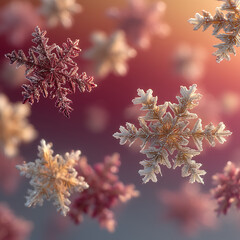 Delicate snowflake crystals floating in warm bokeh winter abstract background