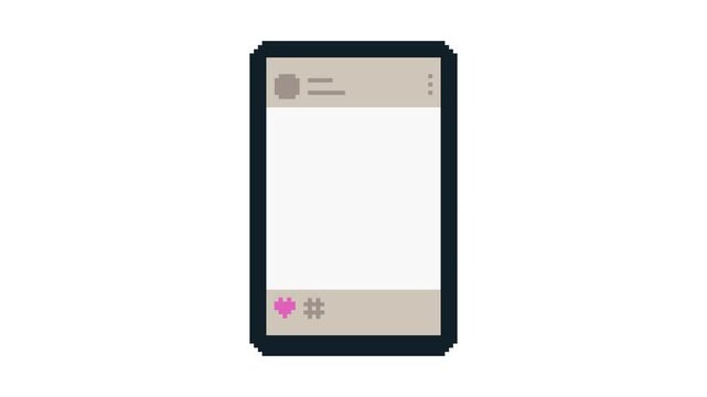 8-bit pixel art social media feed and heart likes screen on smartphone. looped animation 4k 30fps