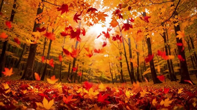 Path or forest floor covered in a thick layer of autumn maple leaves wide shot, ground level, tracking shot Cinematic slow motion