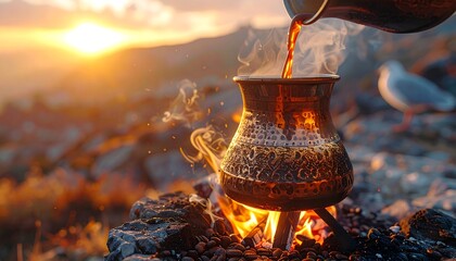 Coffee being poured into an old-fashioned copper pot over flames at sunset