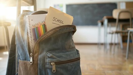 Backpack with school supplies in an empty classroom, a concept of school starting or ending the academic year