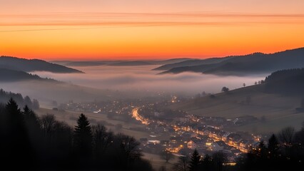 Fototapeta premium A glowing village nestled in a misty mountain valley under a vibrant orange sunset sky.