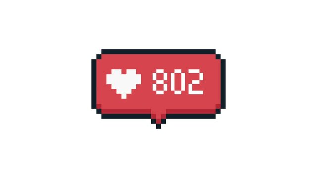 8-bit pixel art pink social media heart speech bubble icon. numbers increase gradually. looped animation 4k 30fps