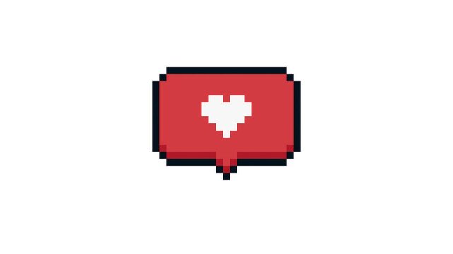 8-bit pixel art pink social media heart speech bubble icon. looped animation 4k 30fps