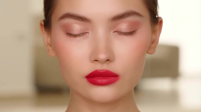 A beauty timelapse of festive makeup appearing on a woman's face with glitter eyeshadow and red lipstick applying themselves, concept of transformation and festive beauty