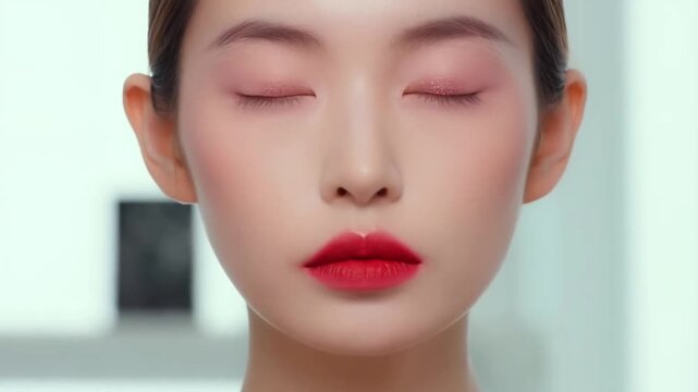 A beauty timelapse of festive makeup appearing on a woman's face with glitter eyeshadow and red lipstick applying themselves, concept of transformation and festive beauty