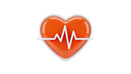 3D Orange heart with electrocardiogram line transparent background