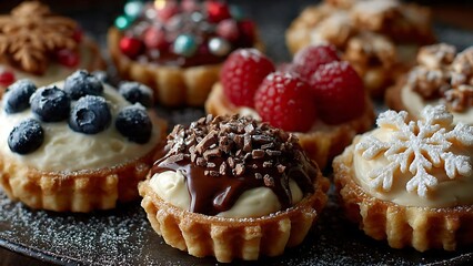Indulge in decadent holiday tarts featuring fresh berries, rich chocolate, and festive snowflake decorations, perfect for seasonal celebrations and sweet treats.
