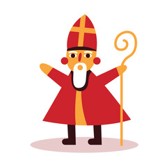 Minimalist Saint Nicholas Character Illustration with Red Mitre and Golden Crosier Abstract Flat Design Christmas Vector on White Background.