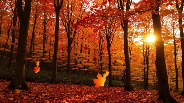 Sun Dappled Maple Canopy maple leaves autumn Upward angle, light filtering through leaves, gentle sway An establishing shot of a