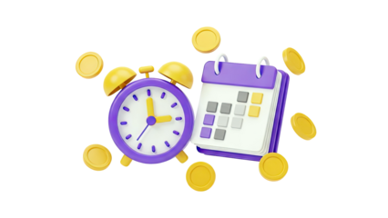 3D Rendering of Alarm Clock, Calendar, and Coins on transparent background