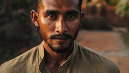 Close-up portrait of a young man with a serious expression outdoors.