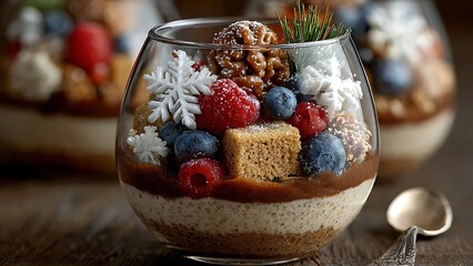 Indulge in a delightful festive dessert featuring layers of creamy goodness, fresh berries, and a touch of winter magic for a truly enchanting treat.