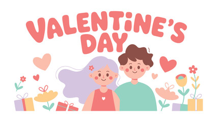 Valentine's Day Couple's Serenade: A tender illustration celebrates the spirit of love with a charming couple and hearts, nestled amidst decorative elements symbolizing affection and togetherness.