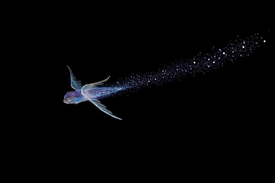 Bioluminescent dragonfish swimming through sparkling particles