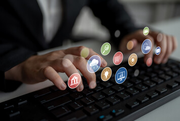 Set of business and digital service icons representing finance, cloud, analytics, email, communication, ecommerce, cybersecurity, and global connectivity in a modern ecosystem Latch