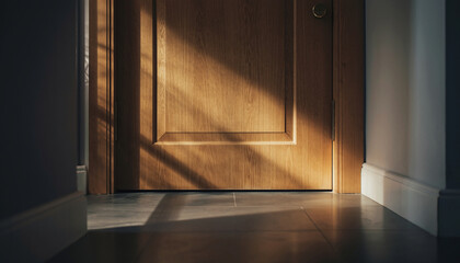 Wooden door partially illuminated by sunlight with shadows on the floor.