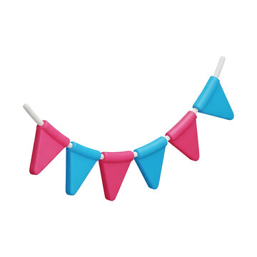 3D bunting banner with pink and blue triangle pennant flags on string, festive party decoration garland for birthday celebration