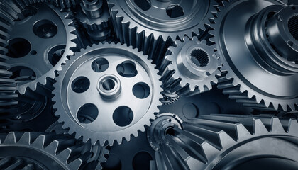 Interlocking metallic gears and cogs forming a mechanical assembly.