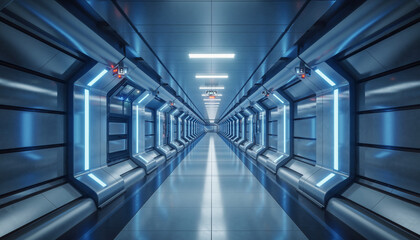 Futuristic, empty corridor with metallic walls and blue neon lighting.
