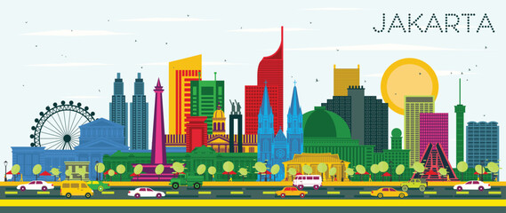 Jakarta Indonesia City Skyline with color Buildings and Blue Sky. Illustration. Business Travel and Tourism Concept with Historic and Modern Architecture. Jakarta Cityscape with Landmarks.