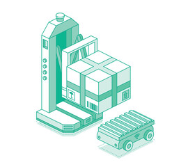 Isometric outline autonomous robot forklift working with AMR mobile robot. Smart warehouse automation and AI logistics concept. Illustration. FMR robot.