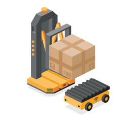 Isometric autonomous robot forklift working with AMR mobile robot. Smart warehouse automation and AI logistics concept. Illustration. FMR robot.