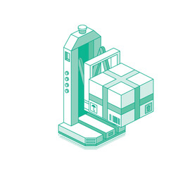 Isometric outline robotic forklift lifting cargo box. Automated warehouse and logistics concept. Illustration. Object isolated on white background.
